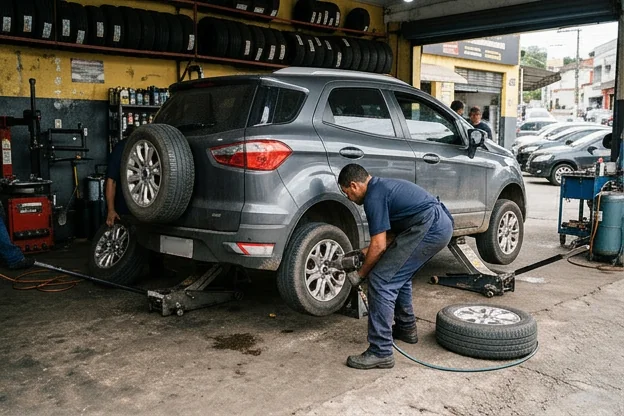 Carro recebendo rodízio de pneus na borracharia.