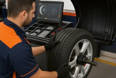 Mecânico balanceando rodas de um carro na borracharia.