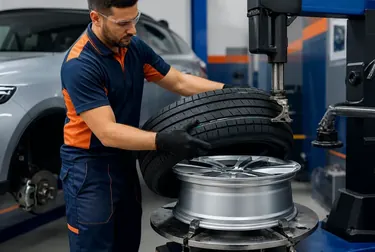 Mecânico trocando pneus de um carro na borracharia.