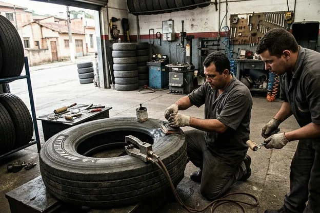 Profissionais aplicando vulcanização em pneus na borracharia.