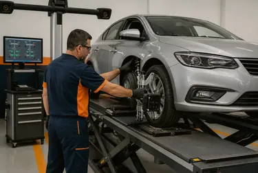 Técnico realizando alinhamento de rodas em carro.