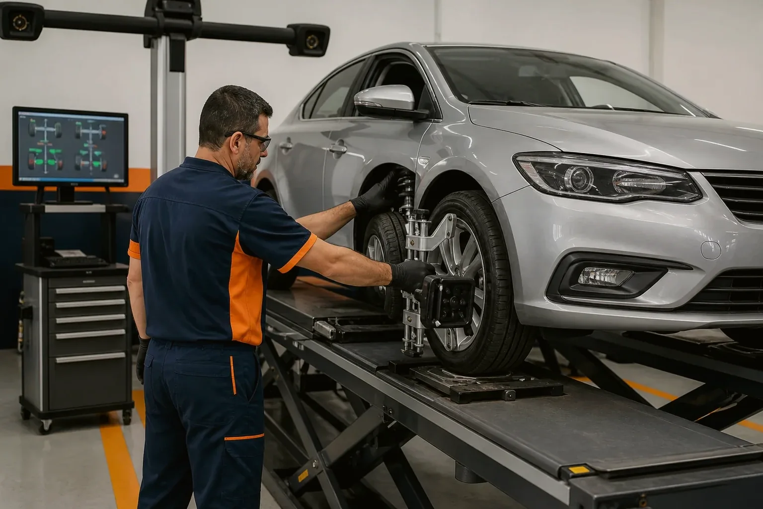 Técnico realizando alinhamento de rodas em carro.