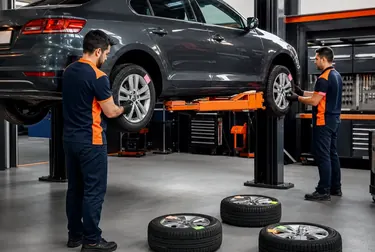 Técnico realizando rodízio de pneus em carro.