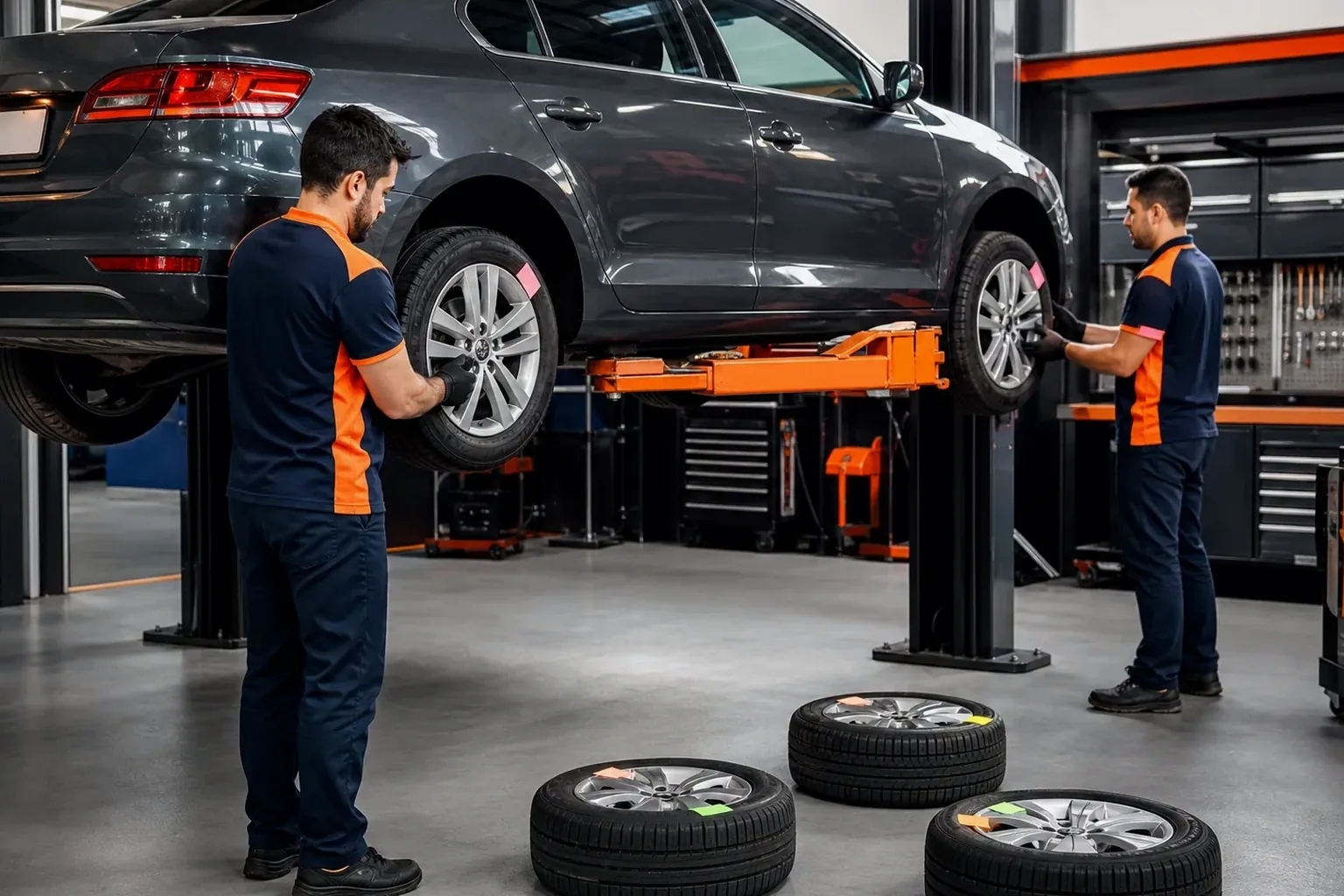 Técnico realizando rodízio de pneus em carro.